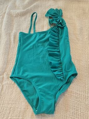 Girl's One-Shoulder Ruffle Swimsuit in Teal